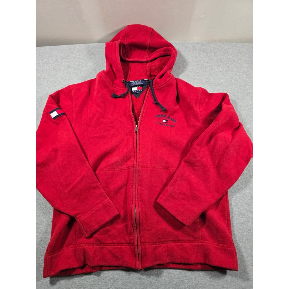 Y2K Tommy Jeans Mens XL Red Full Zip Hoodie Embroidered Flag Patch Sweatshirt